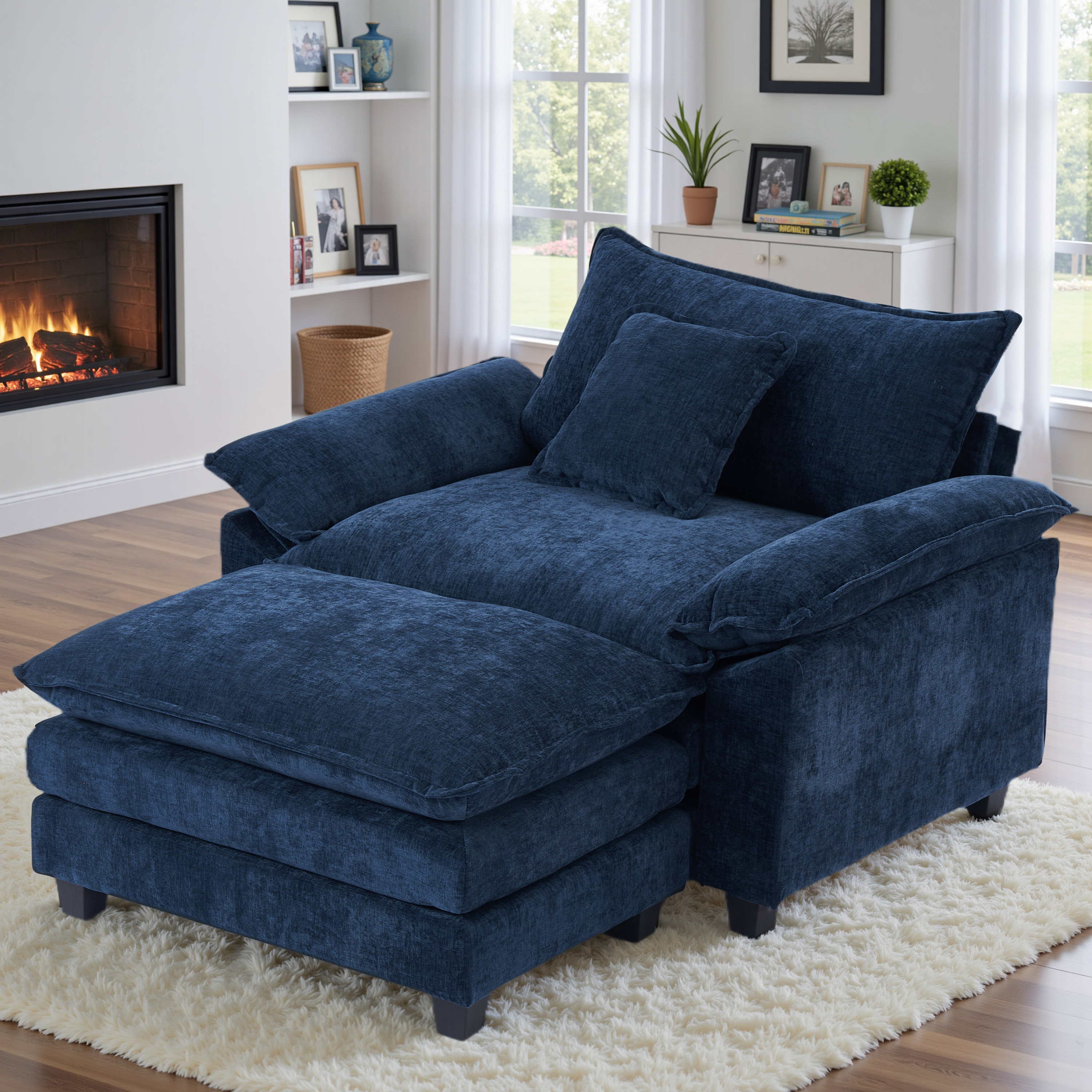 Ebern Designs Chenille Oversized Chair With Ottoman - 43" W Comfy ...